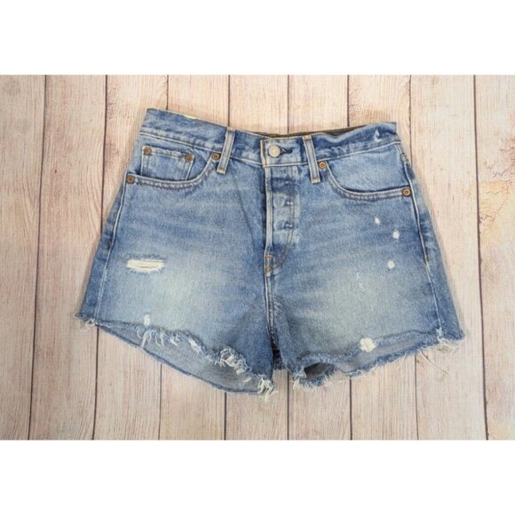 LEVI'S Women's Medium Wash Blue Raw Hem Button Fly Shorts High Waisted Size 28 - Picture 1 of 8